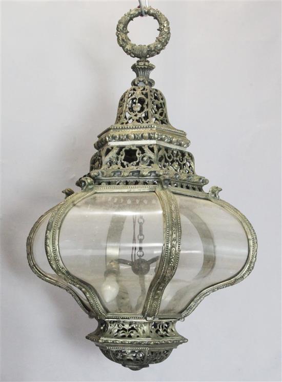 A late 19th century silvered bronze hexagonal hall lantern, drop 2ft 6in. diameter 1ft 7in.